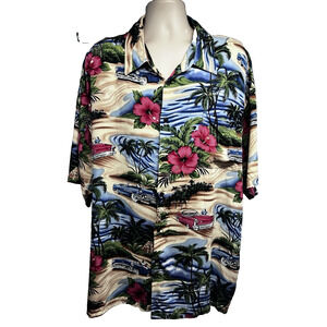 Big Dogs Vintage Hawaiian Floral Convertible Cars Button Up Shirt 3X Pocket USA